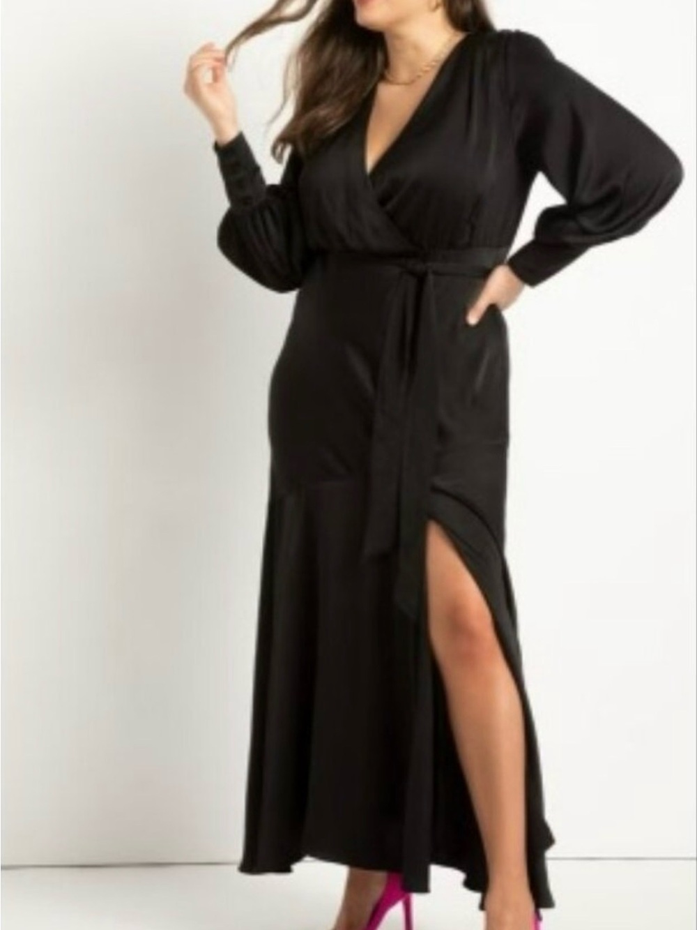 NWT Eloquii Black Satin Long-Sleeve Wrap Maxi Dress with Side Slit